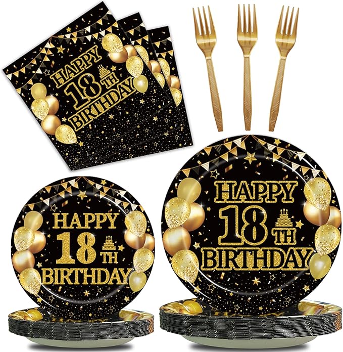 96Pcs 18th Birthday Party Tableware Set, Black Gold Time To Adult Birthday Party Decorations Supplies for Boys Girls Cheers to 18 Years Disposable Paper Plates Napkins Forks Favors, Serve 24
