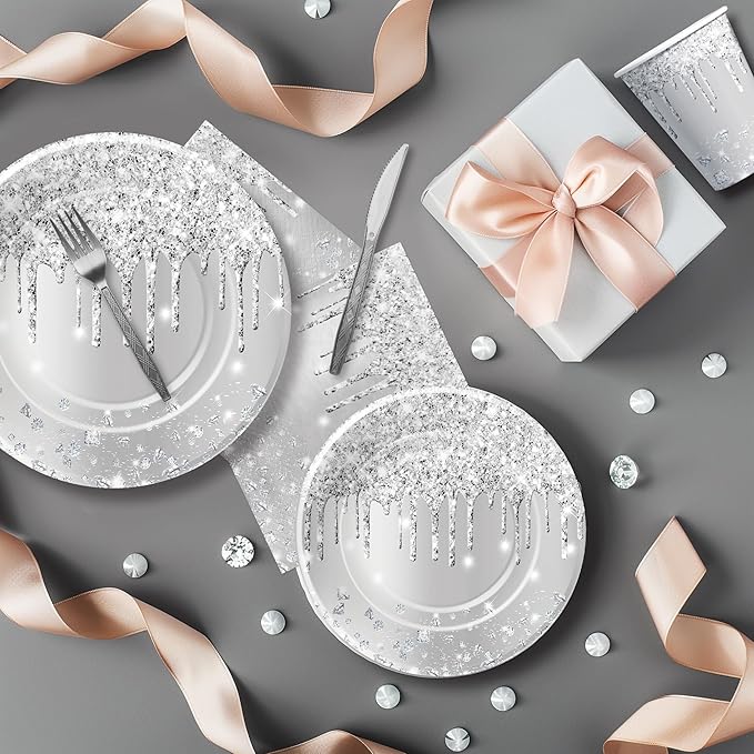 Silver Plates And Napkins Party Supplies - Silver Party Decorations Tableware For Birthday Bridal Shower, Paper Plate, Napkin, Cup, Cutlery, Diamonds Glitter Table Decorations | Serve 24