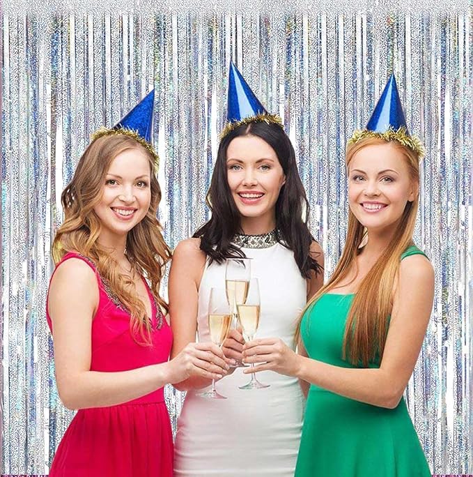FECEDY 2 Packs 3.2ft x 6.6ft Silver Multicolor Tinsel Foil Fringe Curtains Photo Booth Props for Engagement Bridal Shower Bachelorette Baby Shower Bachelorette Holiday Celebration Party Decorations