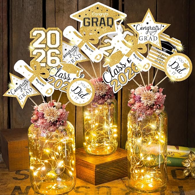 OuMuaMua Graduation Decorations Class of 2026-30pcs White and Gold Graduation Table Centerpieces Sticks Table Toppers with Lights for College High School Congrats Grad Party Supplies