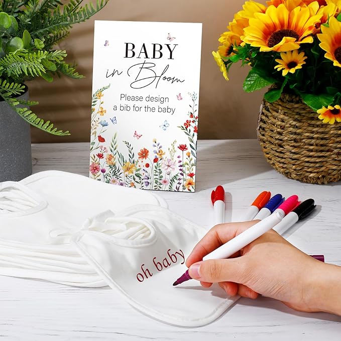 Panitay 43 Pcs Baby Shower Games White Bibs Design, Include Wooden Baby Shower Game Sign, 30 DIY Blank White Bibs, 12 Markers for Gender Reveal Party Decorating Supplies(Wildflower)
