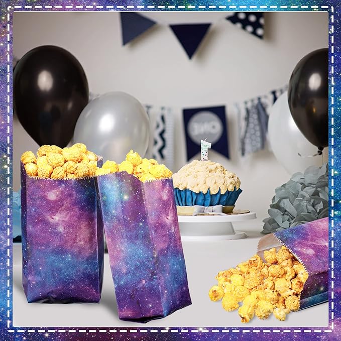 Containlol 100pcs Galaxy Popcorn Bags 1oz Space Party Favor Paper Bags for Birthday, Movie Night, Candy, Treats Bulk