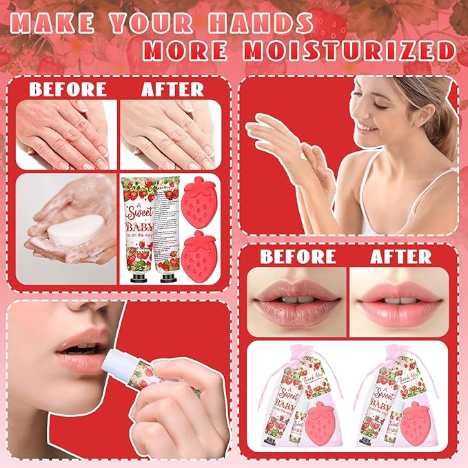 Loopeer 30 Set/150 Pcs Strawberry Baby Shower Favors for Guests Gifts Hand Cream Lip Balm Soap Party Favors Gifts Travel Size with Organza Bags, Thanks You Card for Baby Shower Birthday Wedding