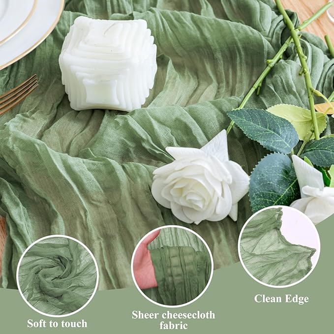 Wokceer Sage Green Cheesecloth Table Runner Spring 6Pack 10FT Boho Gauze Easter Cheese Cloth Table Runner Christmas for Party Long Rustic Sheer Runners for Baby Bridal Shower Wedding