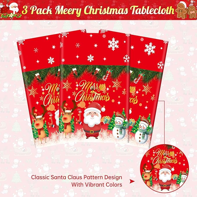 3 Pcs Merry Christmas Tablecloth - Winter Christmas Table Cloth, Disposable Plastic Rectangle Red Xmas Holiday Table Cover for Christma Decorations Party Supplies Tables Decor Favors, 108x54Inch