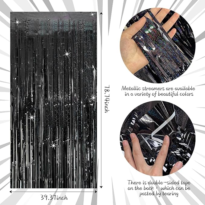 Tinsel Curtain Party Backdrop Black Birthday & Christmas Decor 5 Packs Glitter Foil Fringe Streamers for Photo Booth & Graduation