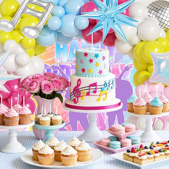 JOGAMS 175Pcs Colorful K-Pop Balloon Arch Kit, Hot Pink Blue Yellow White Pink Balloons with Disco Ball Music Note Iridescent Star Foil Balloons for Kpop Music Disco Theme Birthday Prom Concert Party