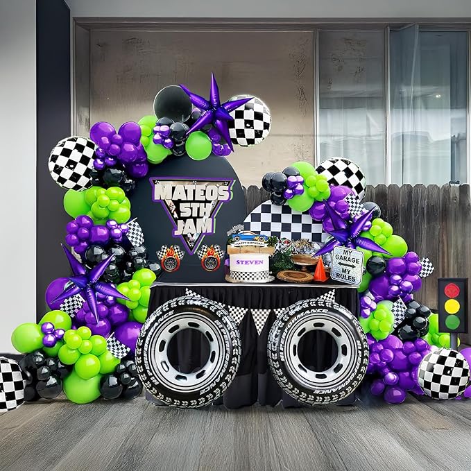 Monster Truck Purple and Green Black Balloon Garland Arch Kit with Big Wheels checkered star mylar foil tire balloons For Kids 3th 4th Birthday Monsters Racing Car Theme Party Decorations