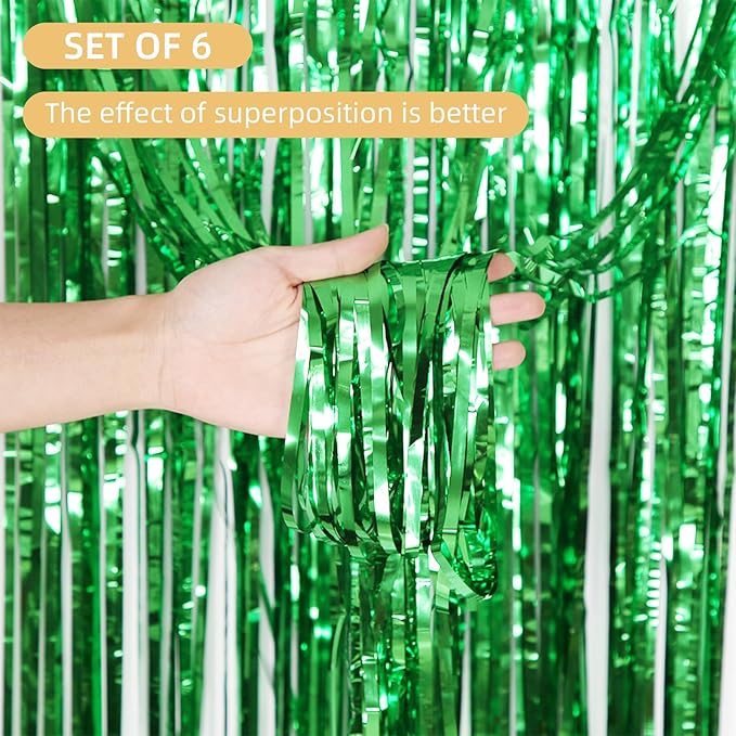 6 Pack Green Foil Curtain Backdrop 3.2ft x 6.6ft Metallic Tinsel Fringe Backdrop Curtains Streamer Photo Booth Backdrop for Birthday Engagement Bachelorette Christmas Holiday Party Decorations