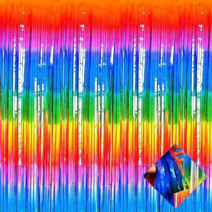 4 Pack 3.3Ft x 6.6Ft Rainbow Foil Fringe Curtain Backdrop, Colorful Metallic Tinsel Foil Fringe Streamers Curtains Background for Photo Booth, Birthday, Wedding, Halloween, Christmas Party Decoration