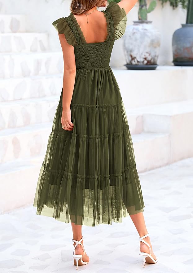 PRETTYGARDEN Women's Summer Tulle Midi Dress Sleeveless Smocked Ruffle Flowy Mesh Dresses Party Wedding Guest Sundress