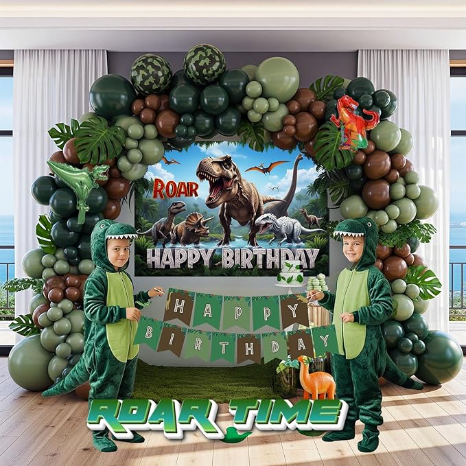 Dinosaur Birthday Party Decorations with Dinosaur backdrop Hunter Green brown balloon arch & Small dino Foil balloons & birthday Banners for Kids Jungle ROAR Three-REX Wild one theme Party Supplies