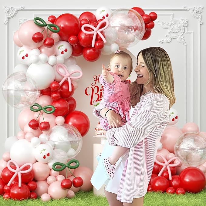 JOGAMS 181Pcs Cherry Balloon Arch Garland Kit, Cherry Party Decorations with Clear Green Pink 260 Balloons for Cherry On Top Baby Shower Birthday Bridal Shower Wedding Galentine's Valentine's Day