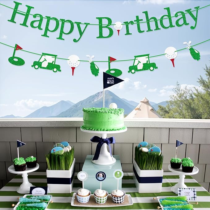 Pre-Strung Golf Happy Birthday Banner, NO-DIY Golf Sports Theme Party Decorations for Kids and Adults, Green