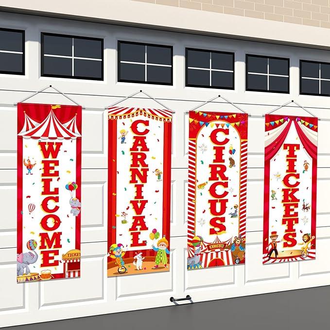 Panelee 4 Pcs Carnival Circus Party Decorations Welcome Carnival Circus Tickets Porch Banner Hanging Backdrop for Halloween Birthday Baby Shower Door Wall Indoor Outdoor Decor