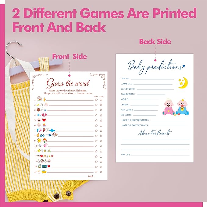 55PCS Baby Shower Games, Predictions Cards & Guess The Phrase with Answer Keys Included Fun Baby Shower Party Games Gender Neutral for Girls or Boys