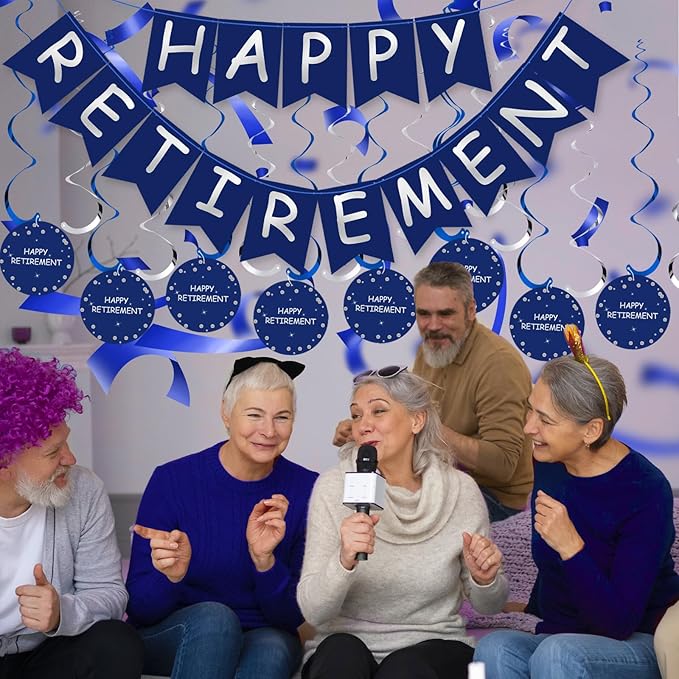 Retirement Party Decorations for Men Women Blue Silver Happy Retirement Banner Hanging Swirls Kit for Retire Party Decor Supplies