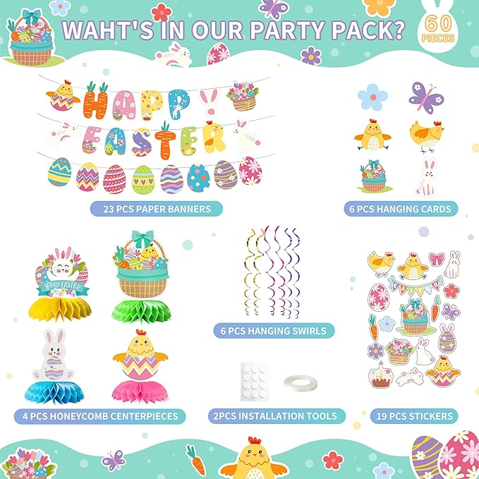 Party Spot! 60 pcs Easter Party Decorations Kit, "Happy Easter" Banner,Easter Centerpiece,Table Decorations,Hanging Swirls,Stickers,Tablecloth,Easter Party Supplies Indoor,Bunny Party