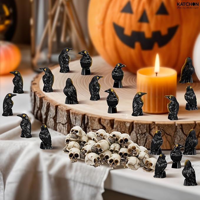 KatchOn Miniature Crows and Skulls – Pack of 40 | Halloween Decor Indoor, Outdoor | Halloween Decorations & Party Supplies | Skull Heads, Realistic Birds Decoration for Spooky Decor