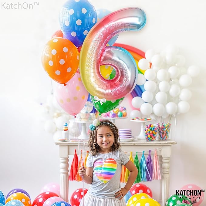 KatchOn, Giant Rainbow Number 6 Balloon - 40 Inch | 6 Year Old Birthday Balloons for 6th Year Decoration | 6 Number Balloons for 6th Happy Anniversary Decorations, 6th Birthday Party Decorations