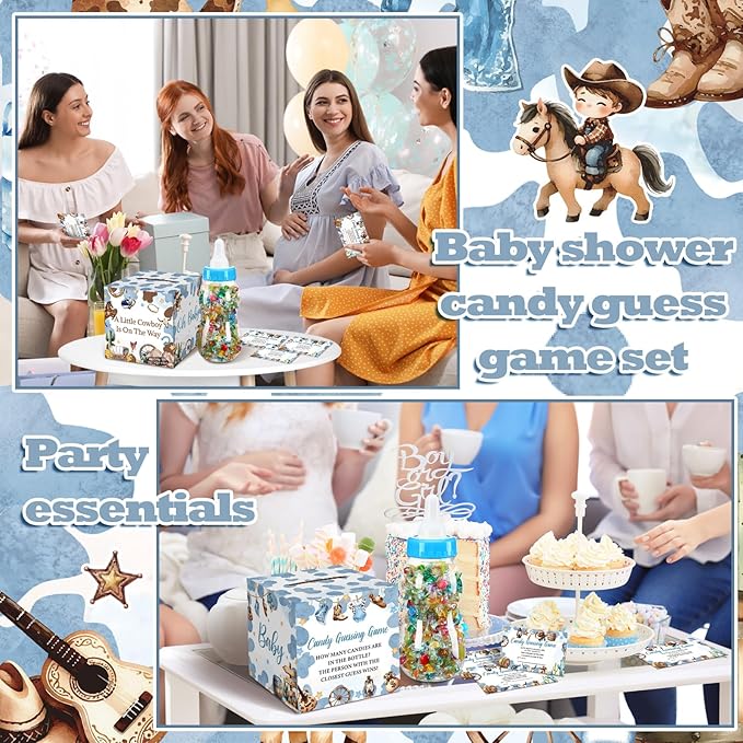 Glenmal 52 Pcs Baby Shower Games Gift Sets Large Baby Bottle for Shower Game Guess How Many Candies Decorations for Gender Reveal (Cowboy)