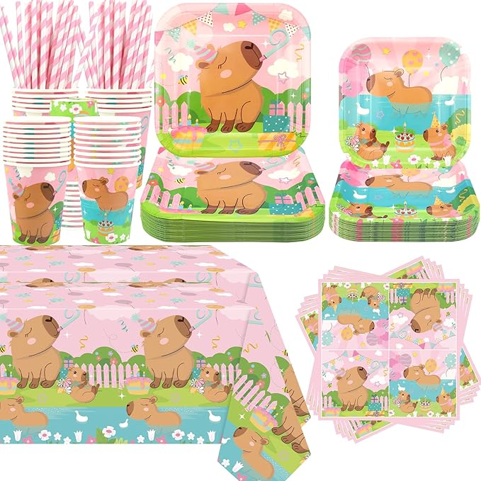 Pink Capybara Party Decoration - Capybara Birthday Party Tableware Supplies Includes Plates, Cups, Napkins, Tablecloth, Straws (40)