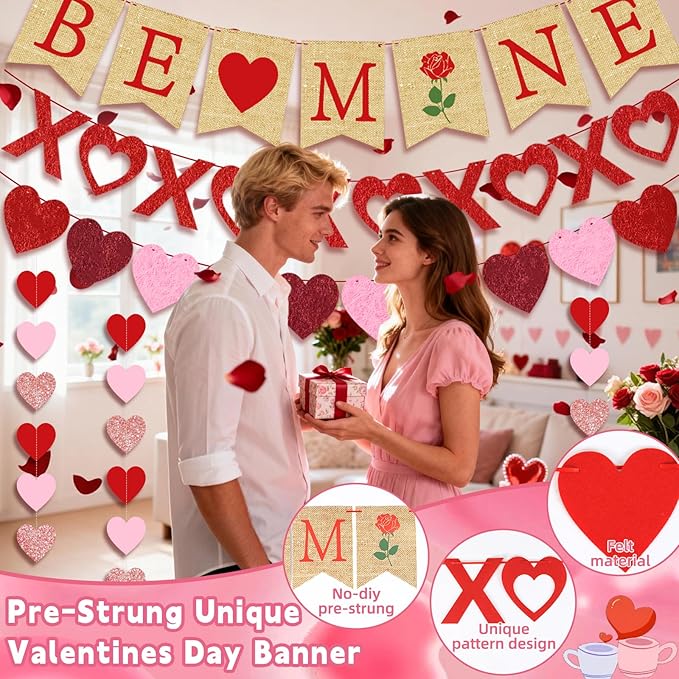 4PCS Pre-strung Valentine’s Day Banner, Valentine’s Day Decorations Include NO DIY Valentines Banner Heart XO Felt Sign Heart Garlands for Home Mantle Fireplace Wall Decor