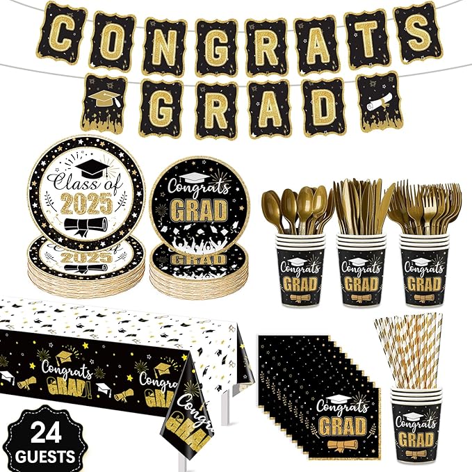 Graduation Party Supplies Congrats Grad Decorations Class of 2025, Disposable Plates and Napkins with Banner Tablecloth Cups Dinnerware Sets for Graduation Decor, Serves 24 (Black and Gold)