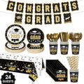 Graduation Party Supplies Congrats Grad Decorations Class of 2025, Disposable Plates and Napkins with Banner Tablecloth Cups Dinnerware Sets for Graduation Decor, Serves 24 (Black and Gold)