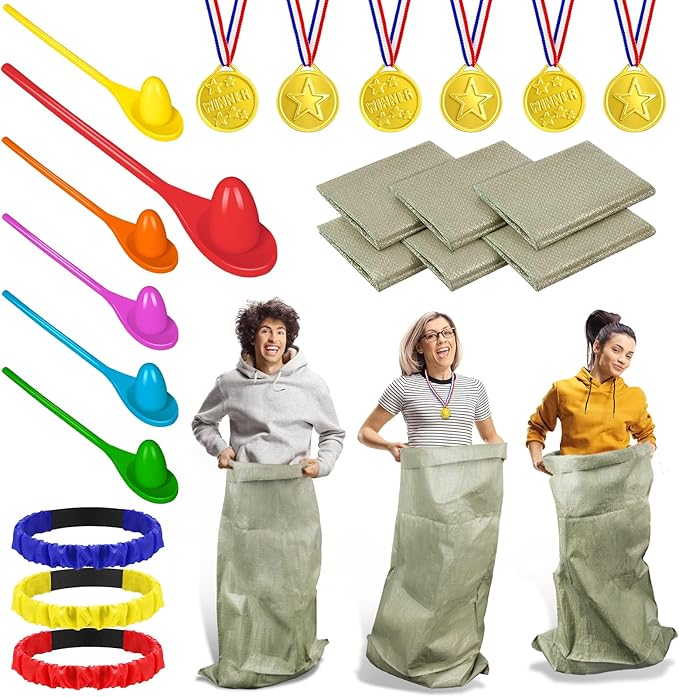 Potato Sack Race Bags Outdoor Games Potato Sack Race Bags 3 Legged Race Bands for Easter Activity Medals Straps Wooden Spoon Hunt Party Supplies