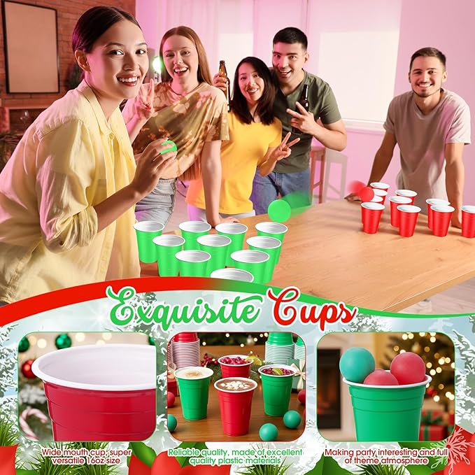 32 Pcs Christmas Party Game Set Include 16oz Red Green Plastic Cups with 8 Balls, Beer Cups for Xmas Holiday House Party Favor Birthday BBQ Outdoor Toss Game Supplies