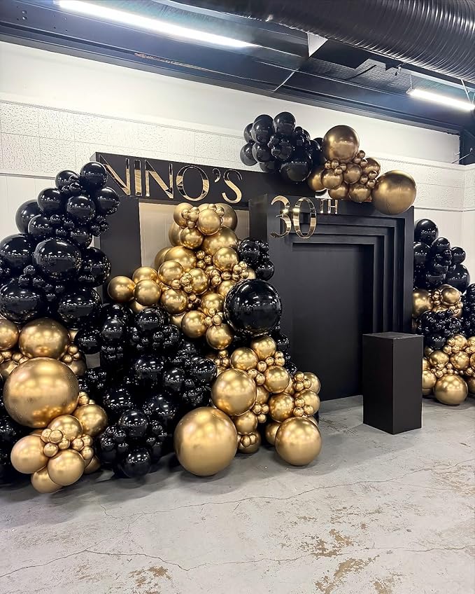 Black and Gold Balloons Garland Arch Kit 200Pcs - 5 10 12 18 22inch Black Gold Confetti Latex Balloons for 2026 New Year Graduation Anniversary Birthday Baby Shower Wedding Party Decorations