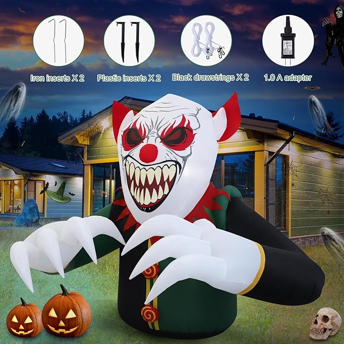 7.5ft Clown Halloween Outdoor Inflatable Decoration, Outdoor Decoration with LED Lights, Holiday Inflatable Decoration for Outdoor Patio, Garden, Lawn