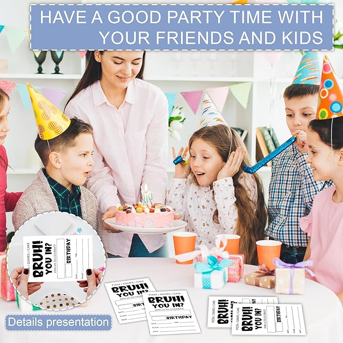 Bruh Birthday Invitations, Simple Style Party Invitations for Boy Girls Adults, 20 Count Cards & Envelopes, Birthday Party Supplies & Decorations, 4x6