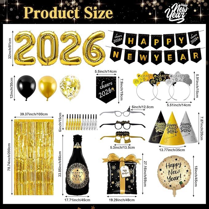 New Years Eve Party Supplies 2026-73 PCS Happy New Years Decorations-Party Favors Includes Hats, Banner, Glasses, Tiaras, Squawkers Blowers, Balloons, Fringe Curtain Accessories Nye Decorations 2026
