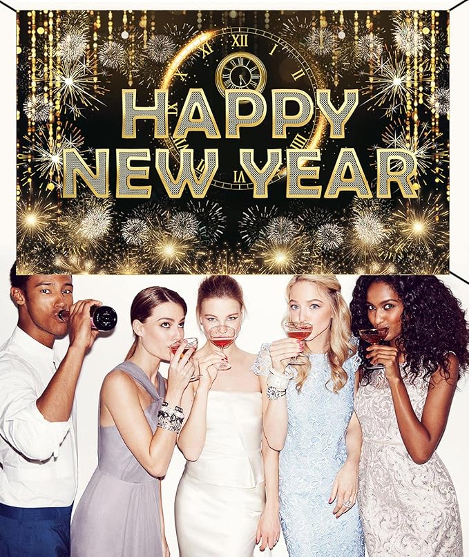 HAPPY NEW YEAR Hanging Extra Large Fabric Sign Poster Black Background Banner with Firework Pattern for New year Party Decorations