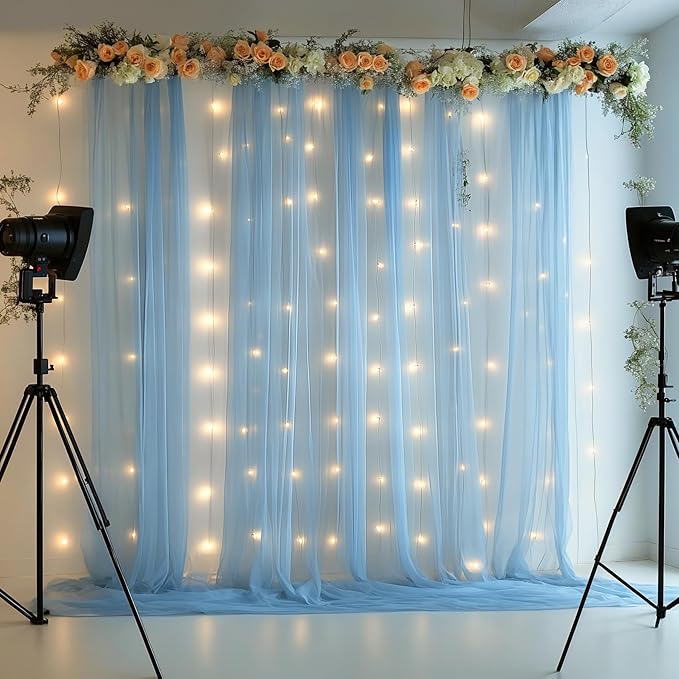 10x10FT Blue Wrinkle Free Backdrop Curtains with Lights String for Parties - Photo Curtain Backdrop with Lights for Wedding Decorations, Bridal Baby Shower Birthday Party Photography Background
