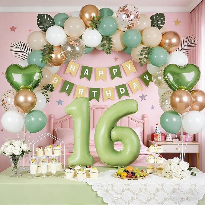 Sage Green Sweet 16 Birthday Decorations for Girls Boys, 16th Birthday Party Supplies with Green Number 16 Balloon, Sand White & Cream Balloon Kit and Fringe Curtains
