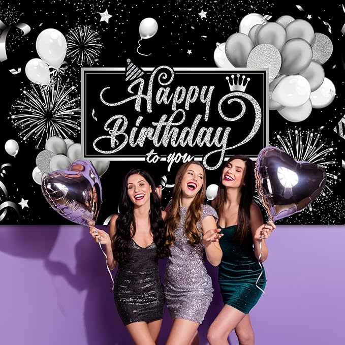 Blulu Happy Birthday Backdrop Banner Sign Poster Large Fabric Glitter Balloon Fireworks Sign Photo Backdrop Background for Birthday Party Decoration Supplies, 72.8 x 43.3in(Black and Sliver)
