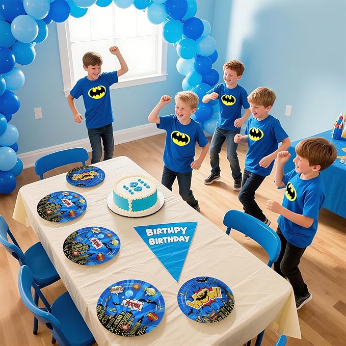 Grencian 96Pcs Super Theme Hero Birthday Party Decoration Hero's Action Sign Cityscape Plates and Napkins Blue Comic Hero Tableware Sets for Boys Baby Shower Cartoon Spider Party Favors Serve 24