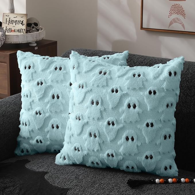 DFXSZ Halloween Pillow Covers 18x18 inch Set of 2 Blue Ghost Throw Pillow Cases Soft Plush Faux Fur Wool Couch Cushion Case for Chair Sofa Bedroom Living Room Home Decor PTK03G18