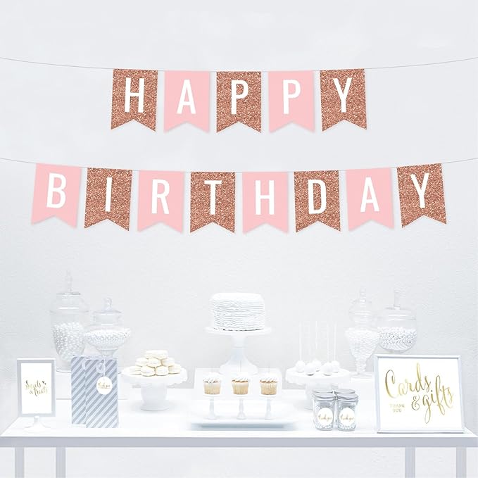 Andaz Press Hanging Pennant Banner Party Decorations, Rose Gold Glitter, Blush Pink, Happy Birthday, 1-Pack, Approx. 5-Feet, Girl's 1st Birthday Sweet 16 Mis Quince Themed Decor