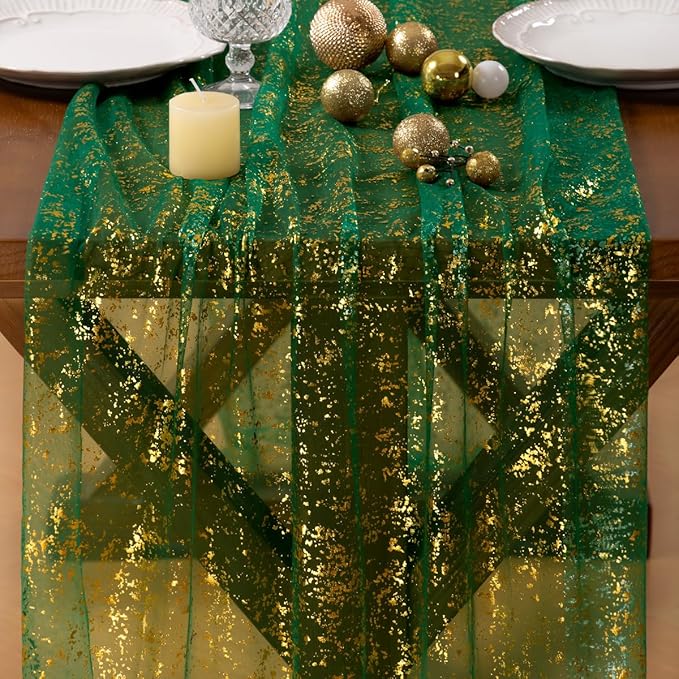 Socomi Christmas Table Runner Gold Gauze Sheer Chiffon Cheesecloth Sequin 10FT Glitter Metallic Foil Dining Wedding Birthday Party Anniversary Holiday Centerpiece Table Decor Emerald Green