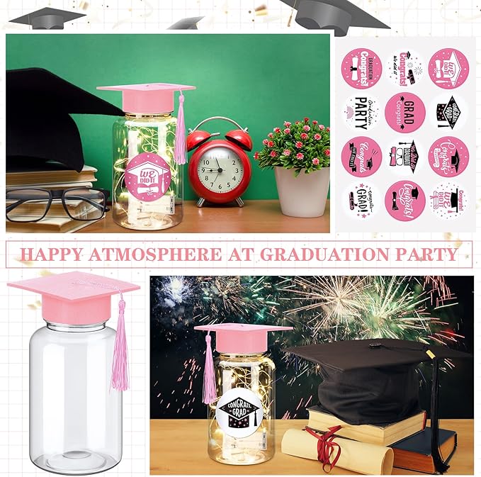 Boao 16 Sets Graduation Table Decoration Set with LED Light up Graduation Decorations for Class of 2026, Grad Jar, Felt Grad Hat and Stickers for High School College(Pink,Vivid)