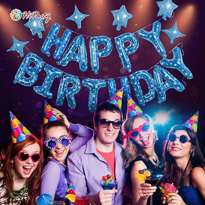 HiParty 24pcs Blue Point Happy Birthday Banner & Balloons, 3D Mylar Foil Star & Letter Balloons for Men Women Adults Kids, Ecofriendly Party Supplies