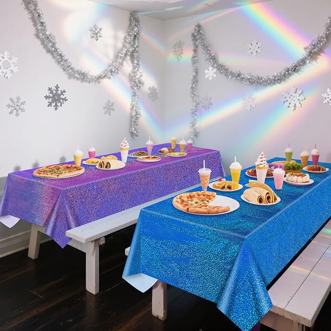 2Pcs Blue & 2Pcs Purple Holographic Tablecloths Rectangular Blue and Purple Iridescent Shimmer Metallic Table Covers for Under The Sea Ocean Mermaid Anniversary Party Supplies, 54 x 108inch