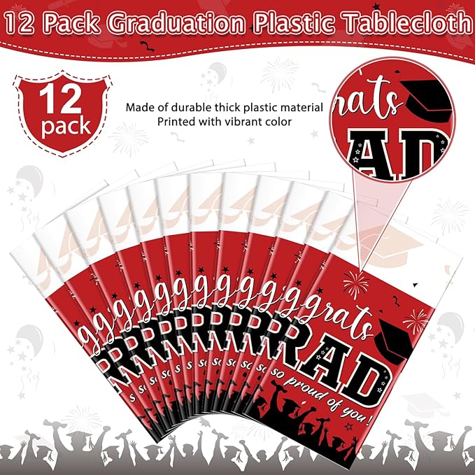 12 Pack Graduation Tablecloth Party Decorations, Class of 2026 Congrats Grad Plastic Tablecover Party Supplies, Red Rectangle Graduation Table Decorations for College High School Party, 54 x 108 Inch