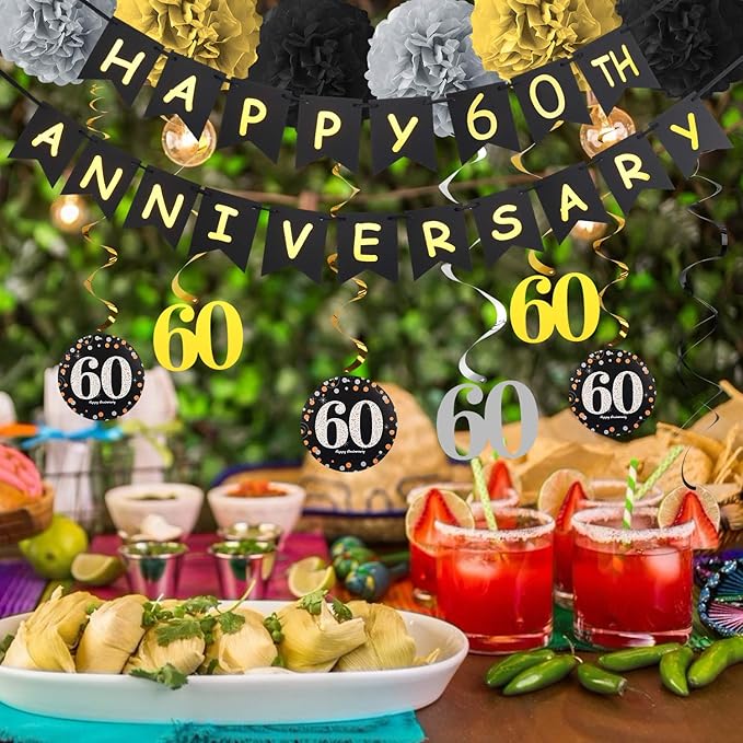 60th Anniversary Decorations Kit - Gold Glitter Happy Anniversary Banner, 9Pcs Sparkling Hanging Swirl, 6Pcs Poms - For 60th Wedding Party Decorations