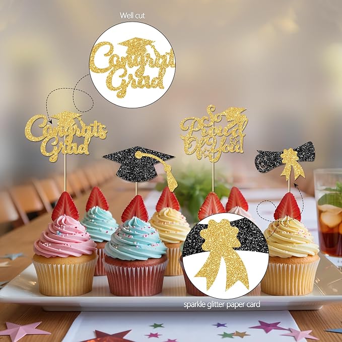 24Pcs Black Gold Graduation Cupcake Toppers 2026, Glitter Grad Cap Diploma Congrats Grad We Are So Proud of You Cupcake Toppers for Class of 2026 Graduation Party Decorations.