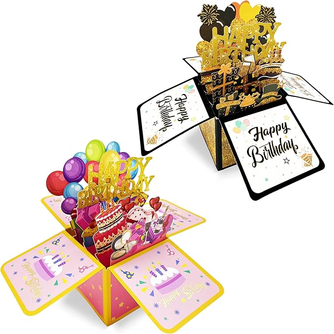 2 Pcs Sweet Happy Birthday Pop Up Card, Funny 3D Birthday Gift Box for Adults and Kids with Envelopes, Unique Handmade Foldable Celebration Cards for Daughter,Son,Mom,Dad,Husband,Friend (Black pink cake)